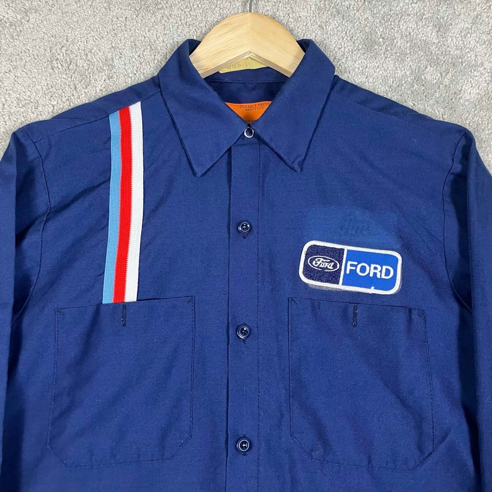 Vintage 80s Red Kap Ford Mechanic Work Shirt Navy Blue Racing Stripe Mens M-RG - Picture 3 of 16